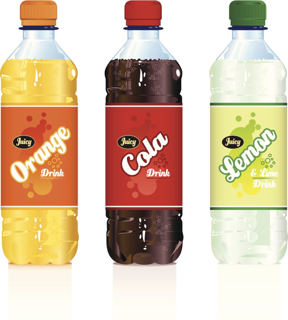 A closeup of custom beverage labels on soda bottles